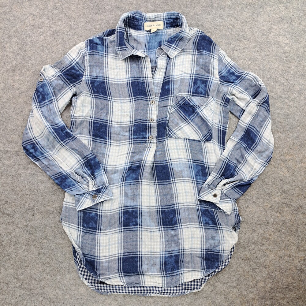 Cloth & Stone Shirt Womens Small Blue Check Long Sleeve Gauze Blouse Top Tunic
